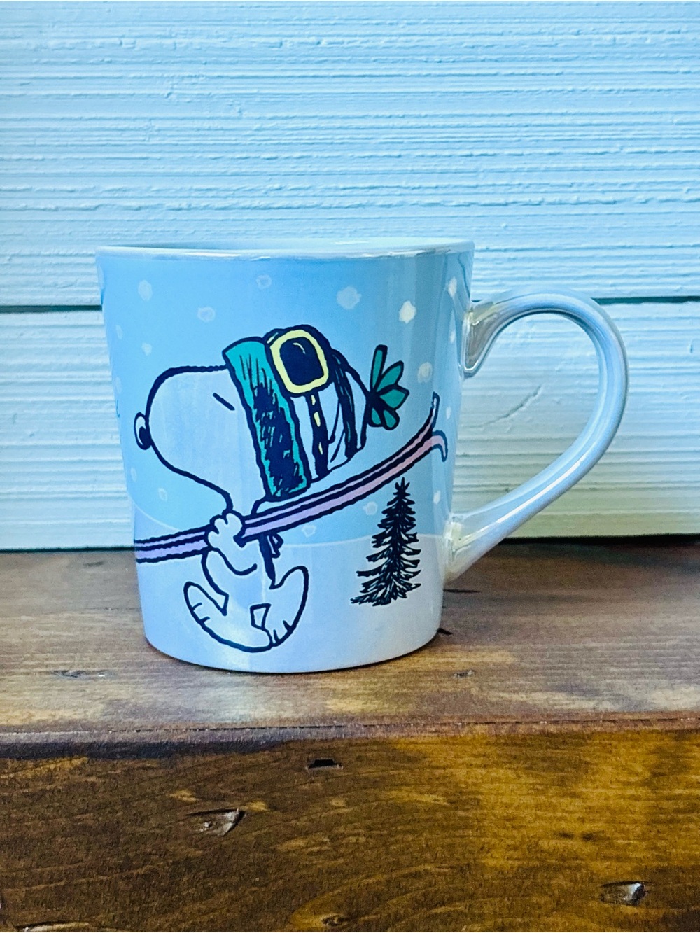 Peanuts Snoopy Woodstock Skiing Iridescent Blue Coffee Mug NEW